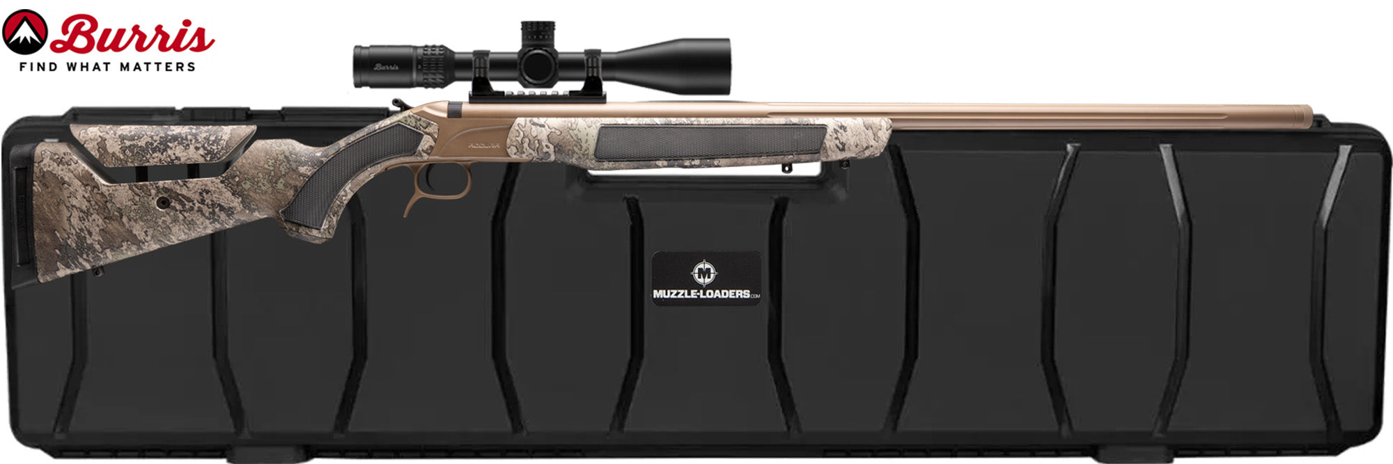 CVA Accura LR-X - .45 Caliber - FDE Cerakote - Nitride Barrel - True Timber Strata - 0 MOA Picatinny Rail - Variflame Ignition - Burris Fullfield E1 Scope Hard Case Combo - PR3208BVCHC