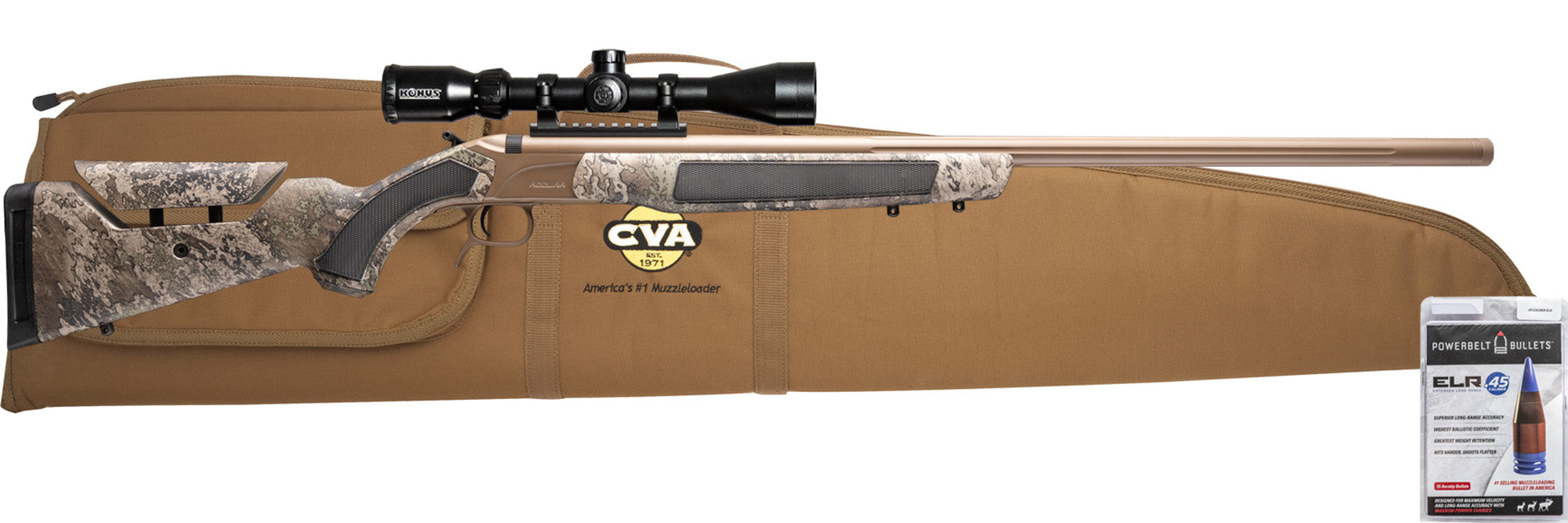 CVA® Accura LR-X .45 Caliber w/ KonusPro 4-12x44 IR BDC - FDE Cerakote & Nitride Barrel - True Timber Strata Camo - 285 Grain .45 Caliber ELR Bullet 15 Pack - PR3208NSCP