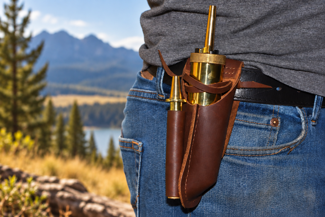 October Country Leather Round Powder Flask Carrier with Flask and Powder Measure Attached to a Belt - 01-476