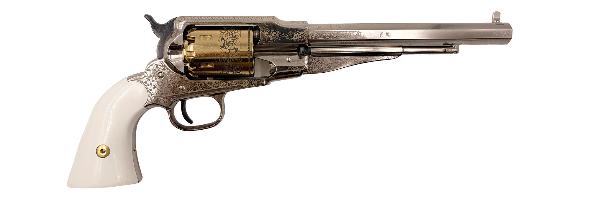 Pietta 1858 Single Action Black Powder Revolver Engraved Nickel Plating Engraved Gold Cylinders and Ivory White Grips - RGNI44/D/CS