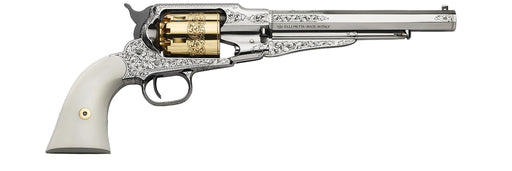 Pietta 1873 Single Action Muzzleloader Revolver - Engraved 44 Caliber Nickel with Gold Cylinder - Synthetic White Grips - 8 Inch Barrel - RGNI44/D/CS