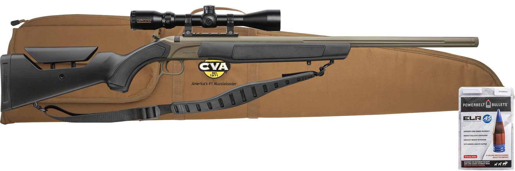 CVA™ Accura LR-X Scope Package - VariFlame™ Ignition - .45 Cal 30" Barrel - Cerakote™ FDE Barrel w/ Black Stock 1:22 Twist - PR3210NSCP