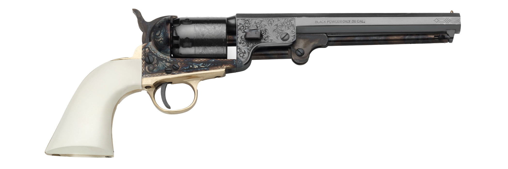 Pietta™ 1851 Navy Deluxe Engraved Black Powder Revolver Pistol - 7.5" Barrel - .36 Caliber - Ivory Grip