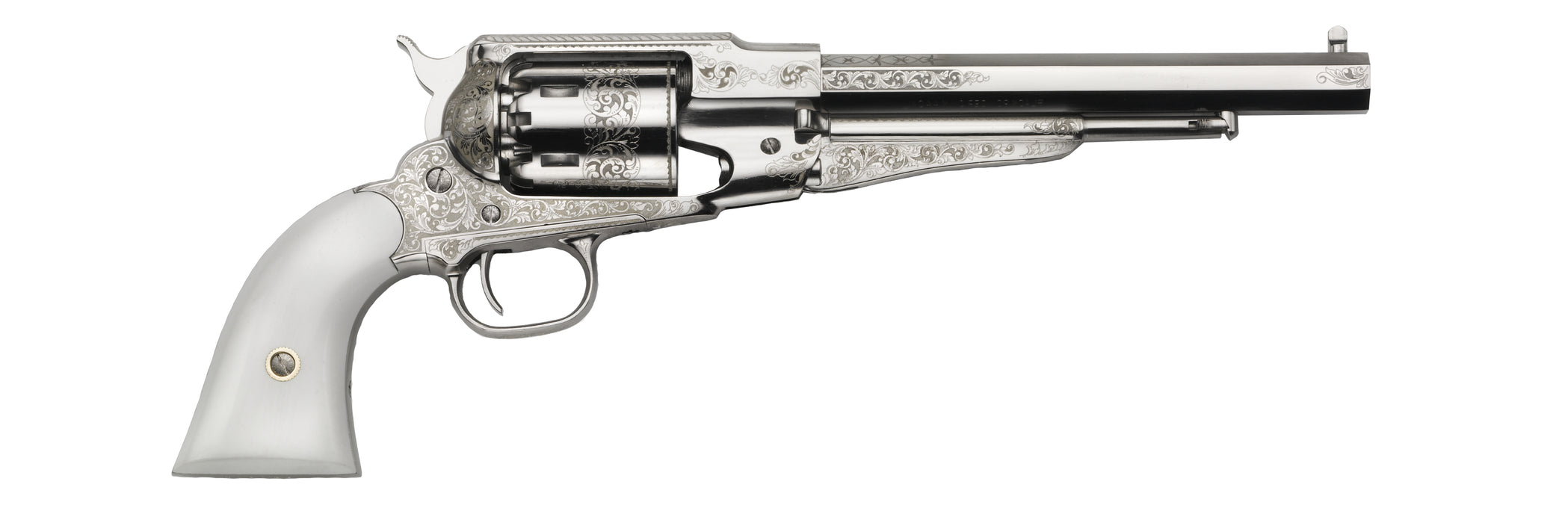 Pietta 1858 Remington Texas Nickel General Custer Model - White Polymer Grip - Black Powder Revolver - .44 Caliber - Nickeled Frame & Barrel - RBN44/CS/IG
